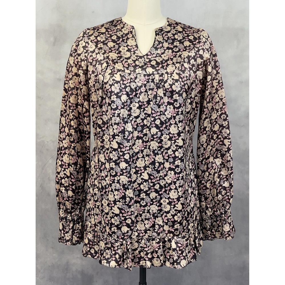 Vintage Climax David Howard Floral Tunic Top Size Medium Satin Ruffle Boho Indie